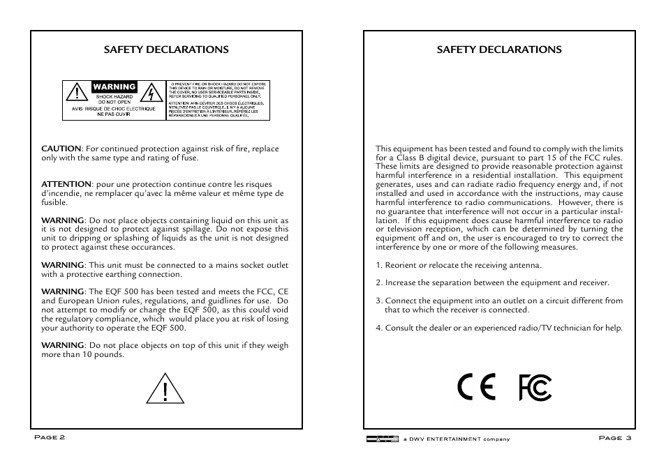 Safety declarations | Aphex EQF 500 User Manual | Page 2 / 6