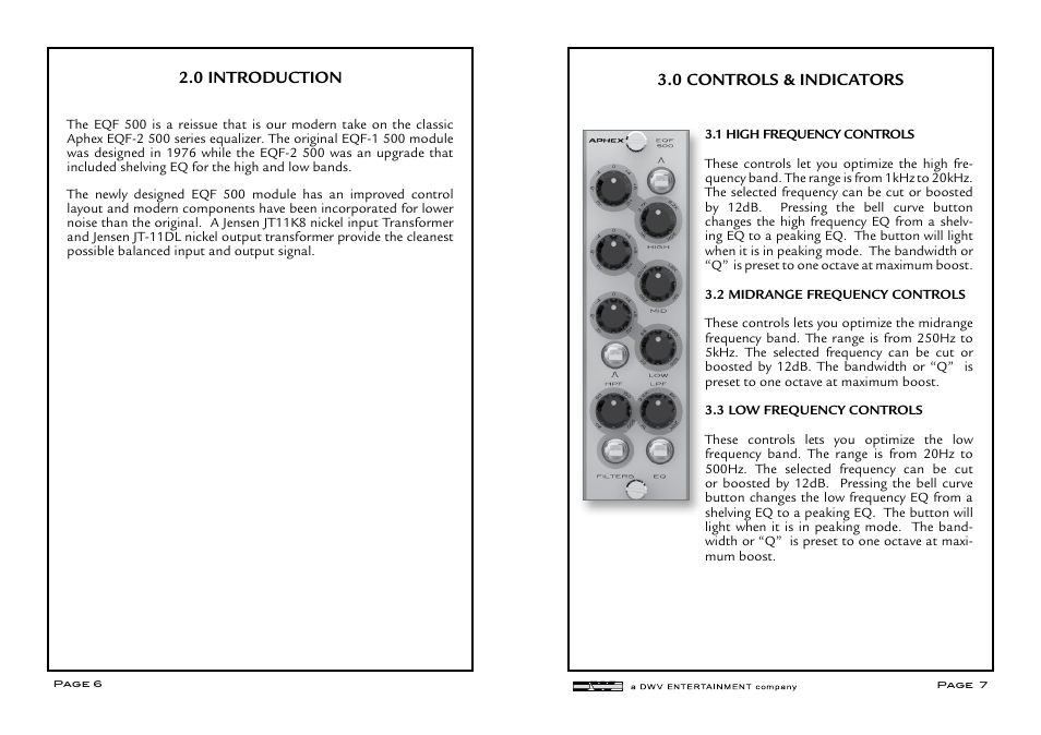 0 introduction 3.0 controls & indicators | Aphex EQF 500 User Manual | Page 4 / 6