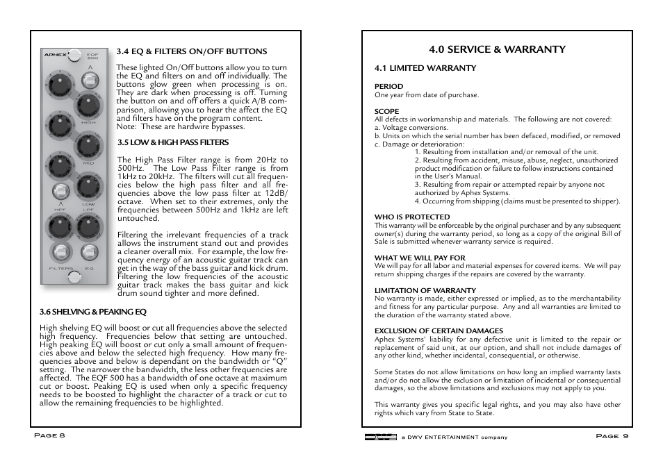 0 service & warranty | Aphex EQF 500 User Manual | Page 5 / 6