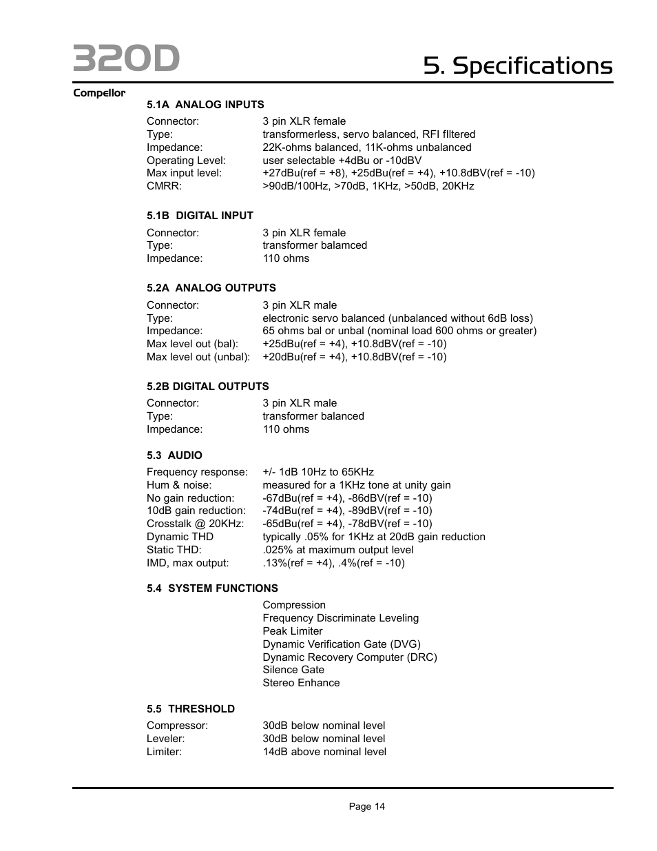 320d, Specifications | Aphex 320D Compellor User Manual | Page 14 / 43