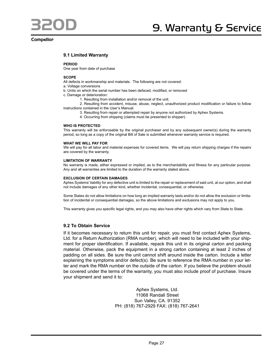 320d, Warranty & service | Aphex 320D Compellor User Manual | Page 27 / 43