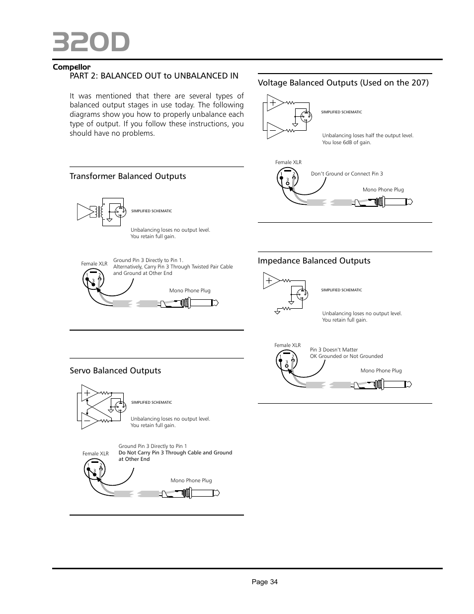 320d, Part 2: balanced out to unbalanced in, Transformer balanced outputs | Servo balanced outputs, Voltage balanced outputs (used on the 207), Impedance balanced outputs | Aphex 320D Compellor User Manual | Page 34 / 43