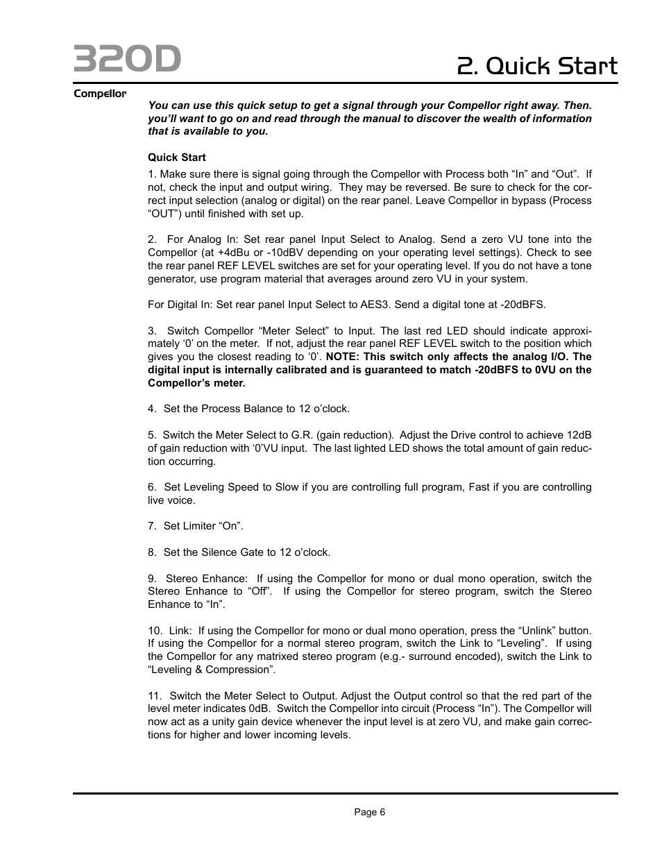 320d, Quick start | Aphex 320D Compellor User Manual | Page 6 / 43