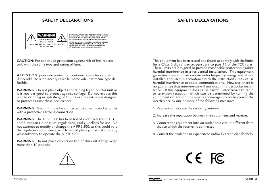 Safety declarations | Aphex A PRE 500 User Manual | Page 2 / 6