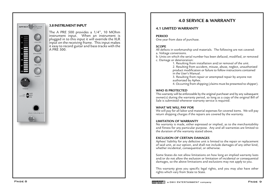 0 service & warranty | Aphex A PRE 500 User Manual | Page 5 / 6