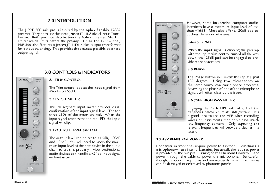 0 introduction, 0 controls & indicators | Aphex J PRE 500 User Manual | Page 4 / 6