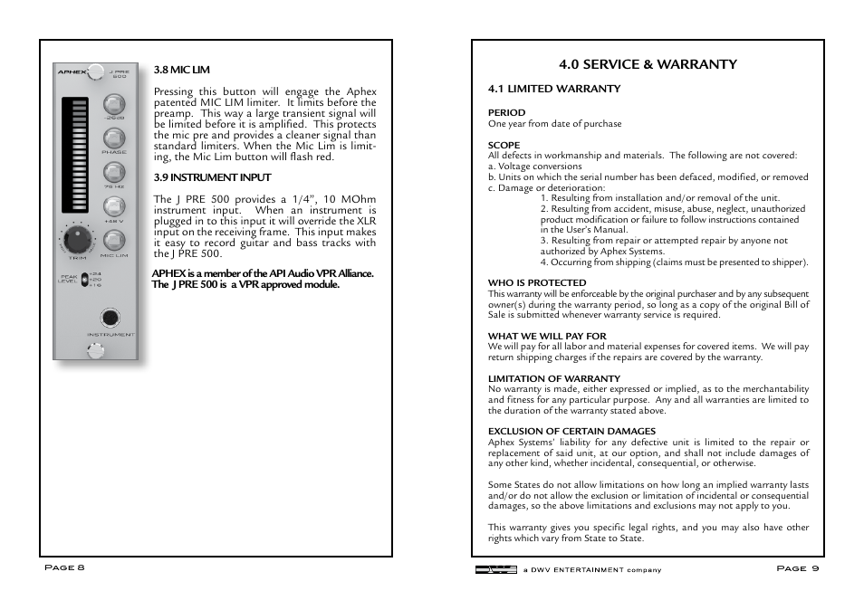 0 service & warranty | Aphex J PRE 500 User Manual | Page 5 / 6