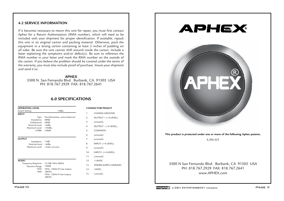 0 specifications | Aphex J PRE 500 User Manual | Page 6 / 6