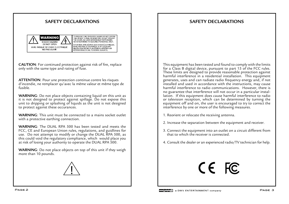 Safety declarations | Aphex DUAL RPA 500 User Manual | Page 2 / 6