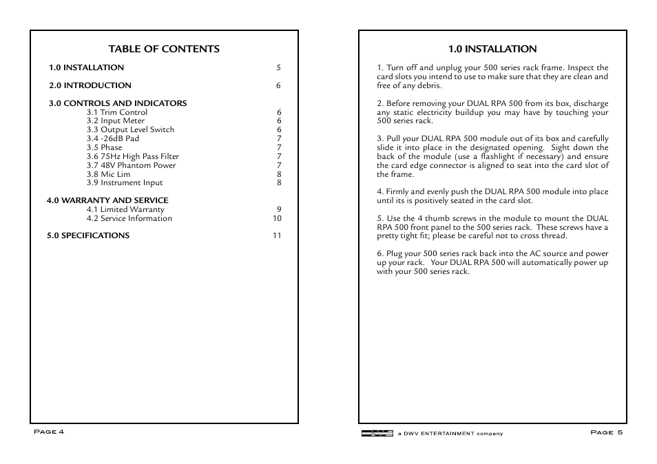 Table of contents 1.0 installation | Aphex DUAL RPA 500 User Manual | Page 3 / 6