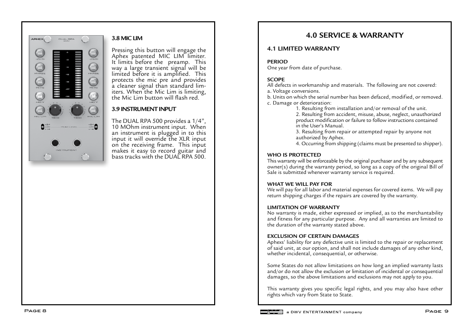 0 service & warranty | Aphex DUAL RPA 500 User Manual | Page 5 / 6