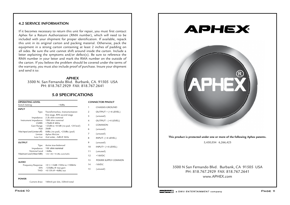 0 specifications | Aphex DUAL RPA 500 User Manual | Page 6 / 6