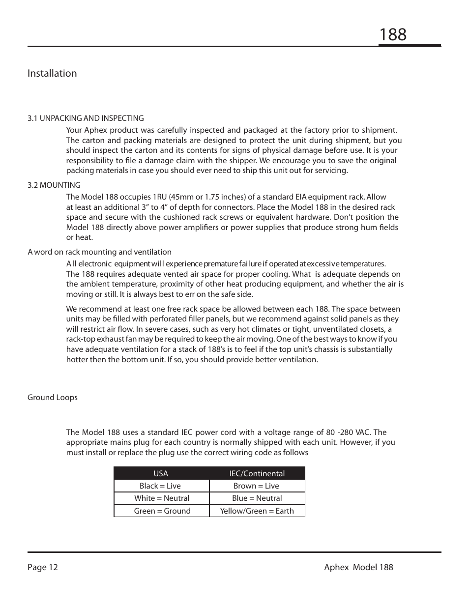 Installation | Aphex 188 Eight Channel Mic Preamp User Manual | Page 12 / 18
