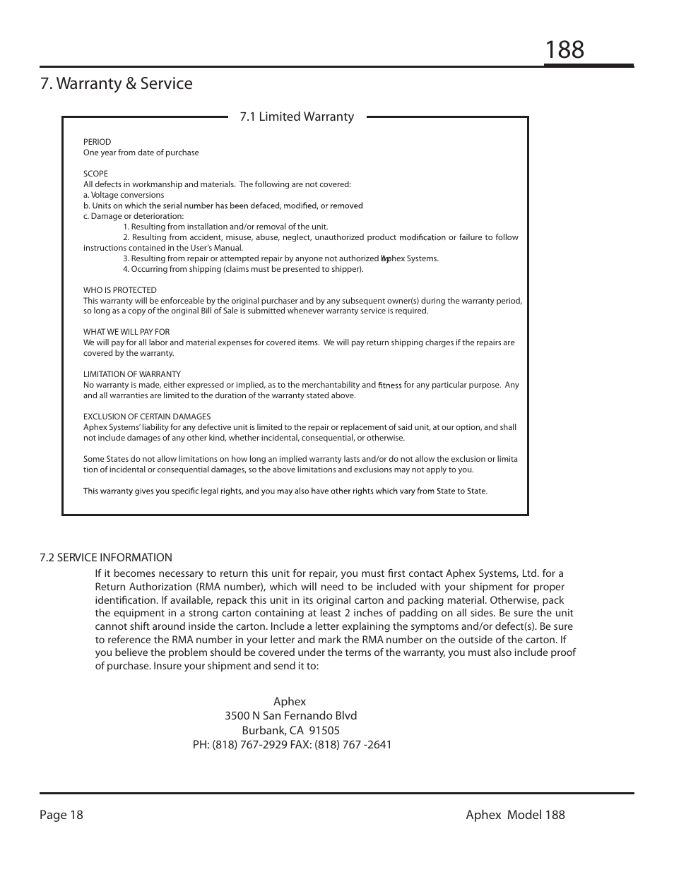 Warranty & service | Aphex 188 Eight Channel Mic Preamp User Manual | Page 18 / 18