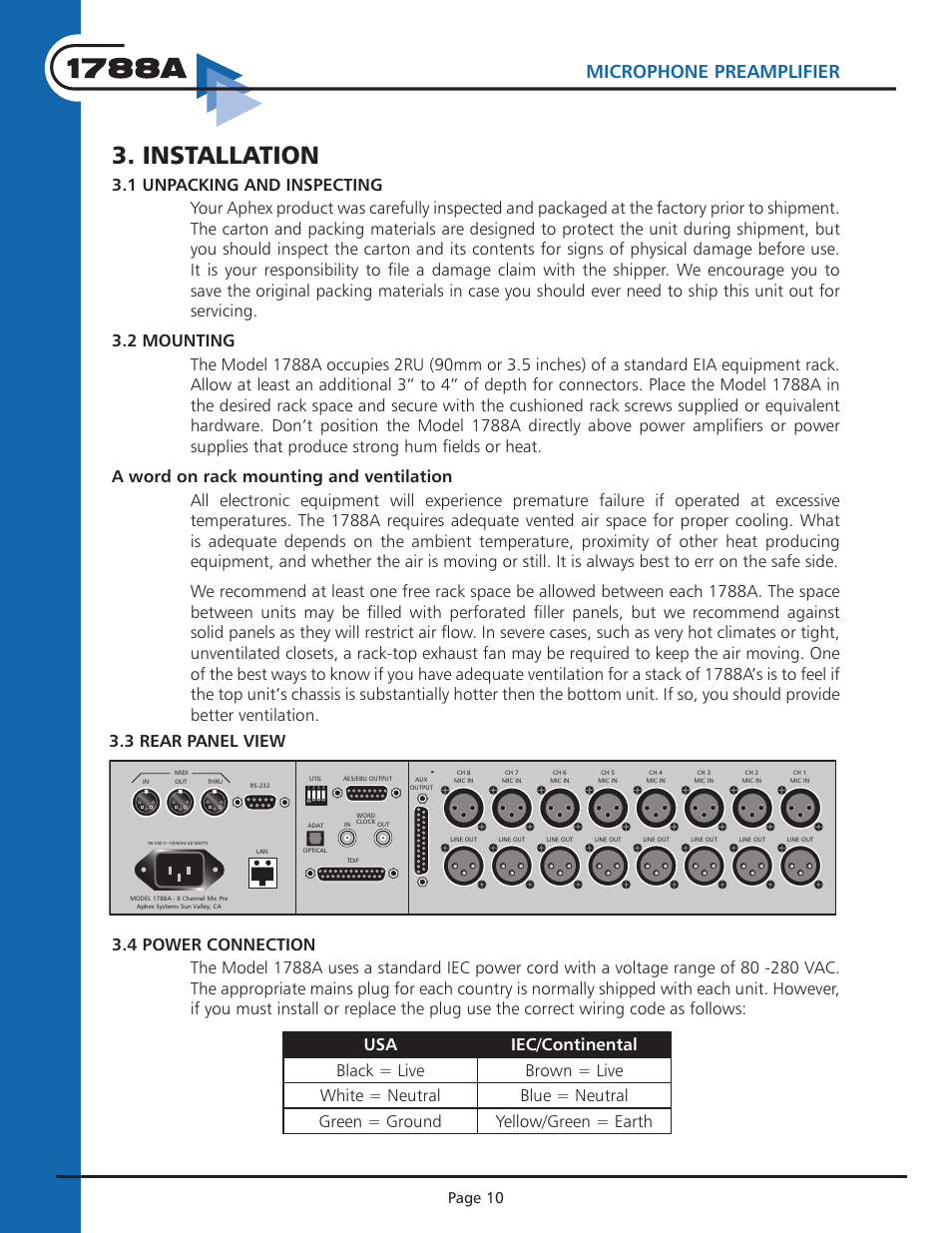 Instruction manual, Microphone preamplifier, Installation | Page 10, Page 11 | Aphex 1788A Premium Eight Chan Mic Pre User Manual | Page 10 / 50