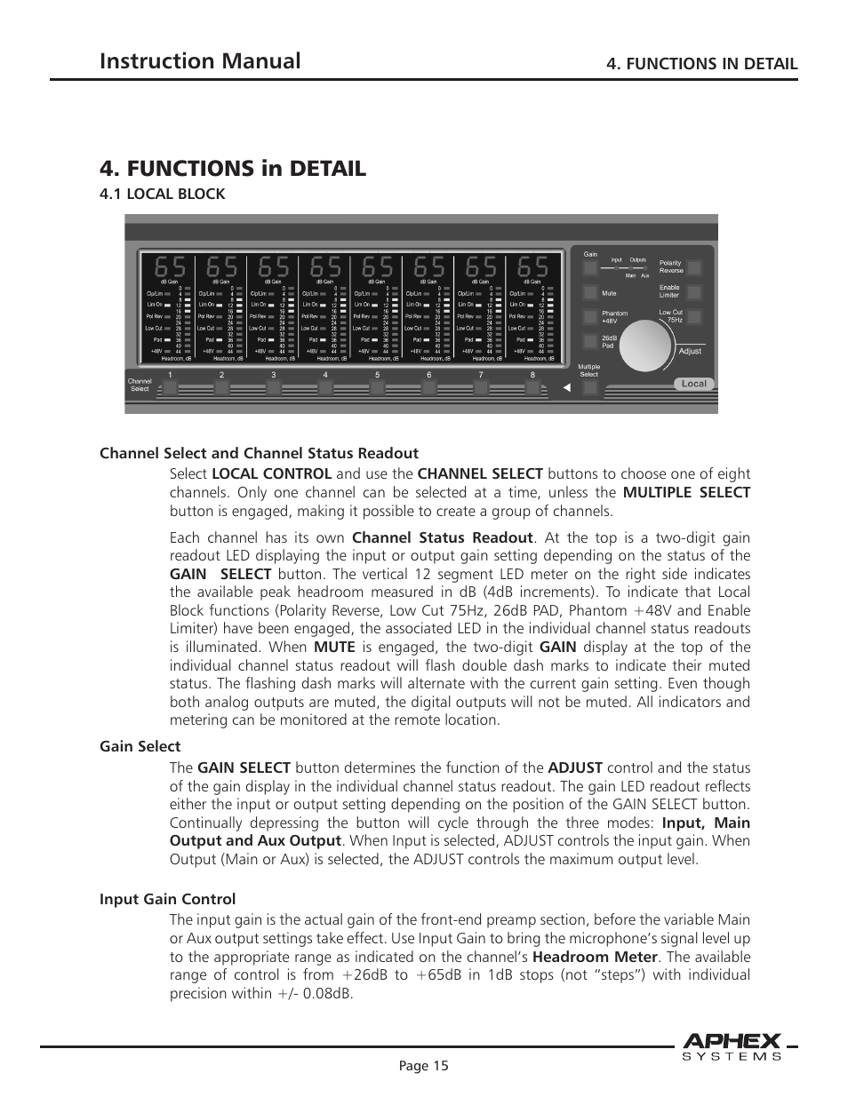 Instruction manual, Functions in detail | Aphex 1788A Premium Eight Chan Mic Pre User Manual | Page 15 / 50