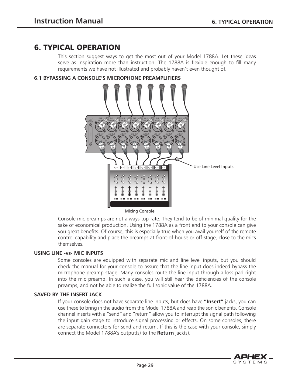 Instruction manual, Microphone preamplifier, Typical operation | Page 28, Page 29, Use line level inputs mixing console | Aphex 1788A Premium Eight Chan Mic Pre User Manual | Page 29 / 50