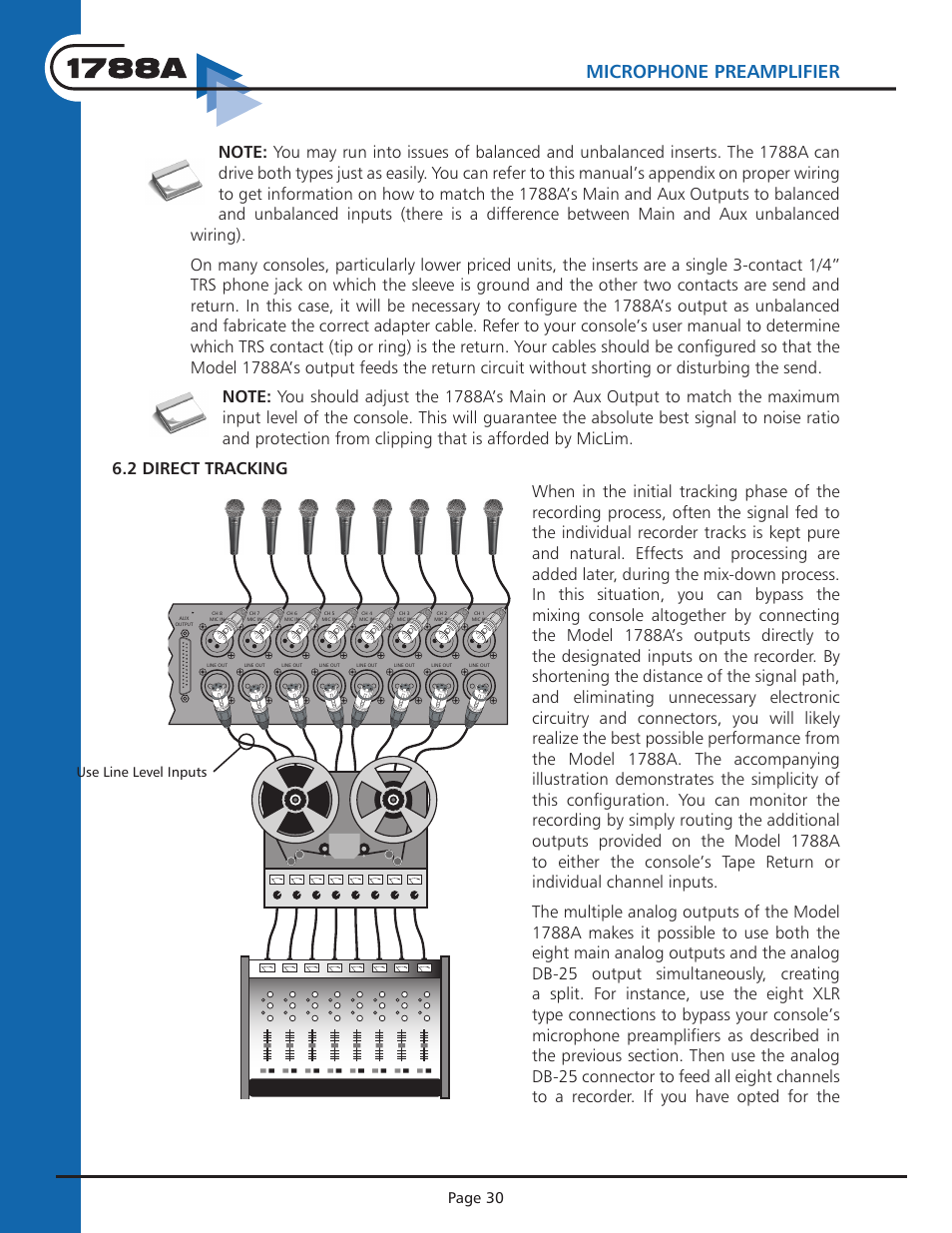 Instruction manual, Microphone preamplifier, Typical operation | Page 30, Page 31, P ъъ ъъ ъъ ъъ ъъ ъъ ъъ ъъ < < p < < p, Use line level inputs | Aphex 1788A Premium Eight Chan Mic Pre User Manual | Page 30 / 50