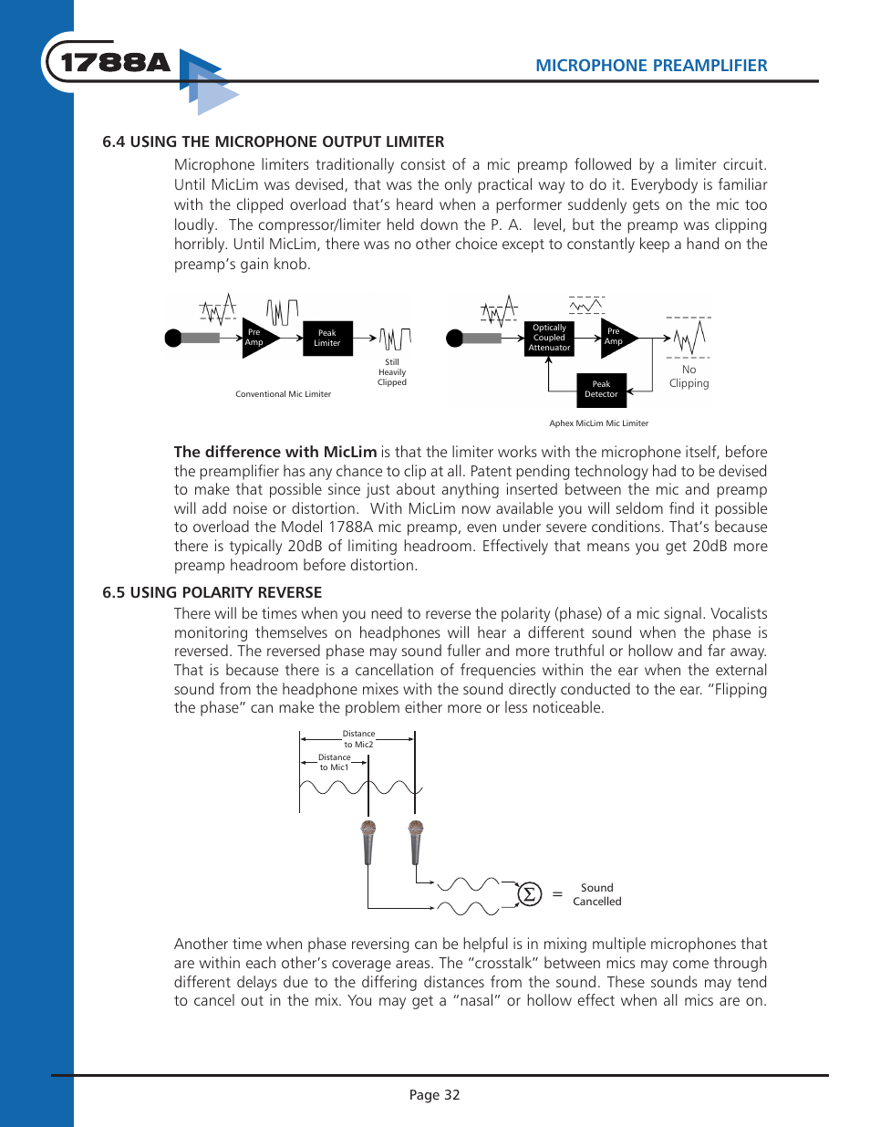 Instruction manual, Microphone preamplifier, Typical operation | Aphex 1788A Premium Eight Chan Mic Pre User Manual | Page 32 / 50