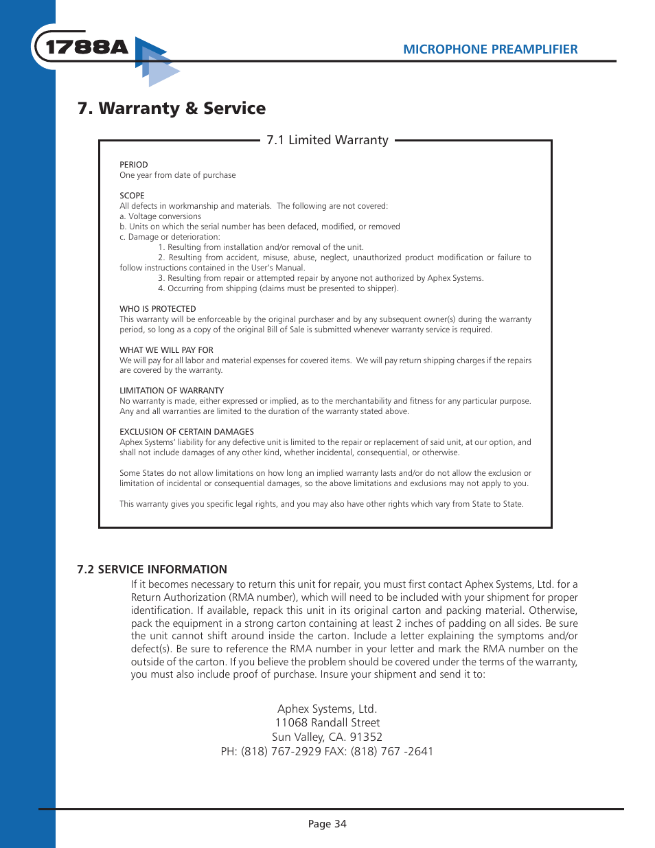 Instruction manual, Warranty & service | Aphex 1788A Premium Eight Chan Mic Pre User Manual | Page 34 / 50