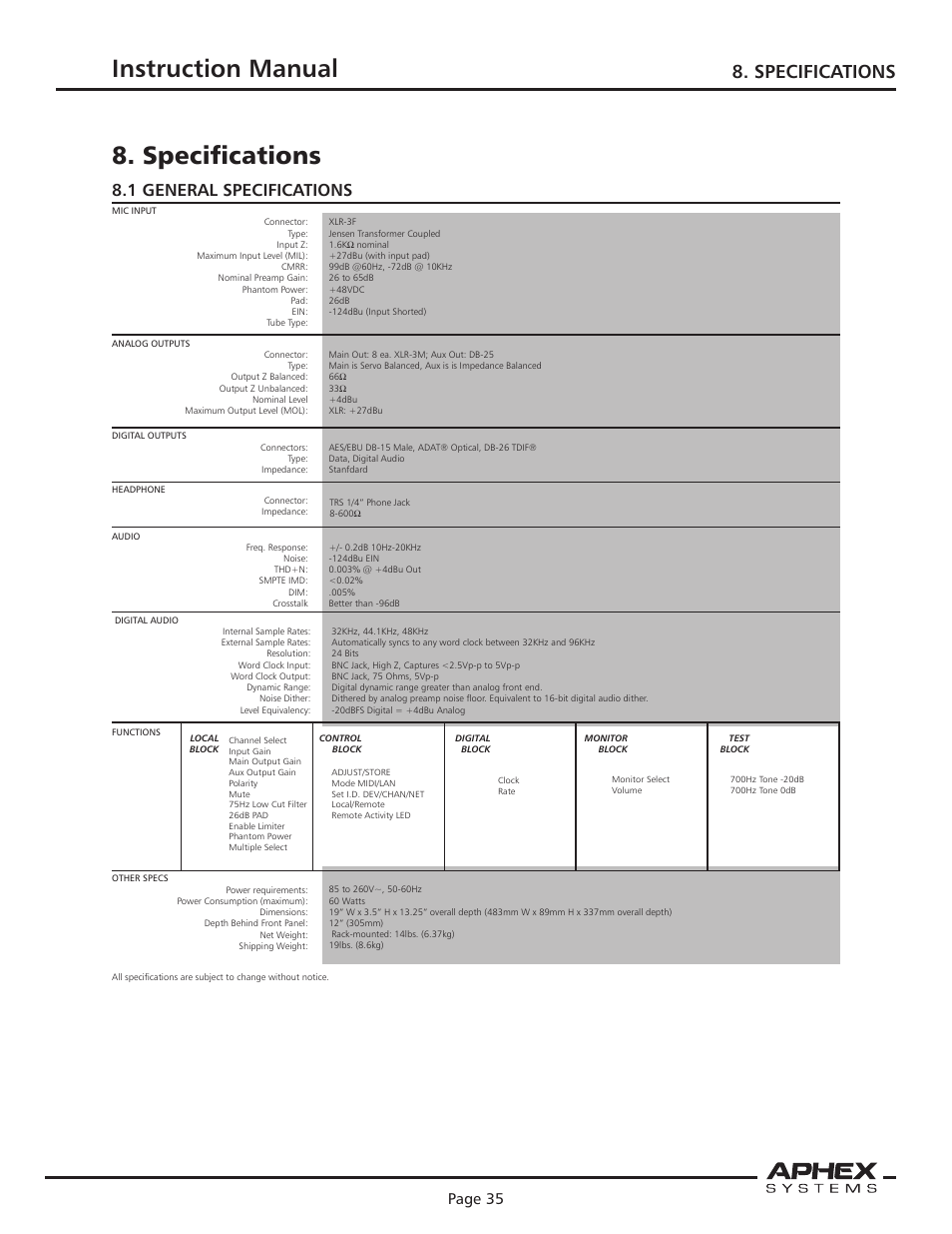 Instruction manual, Microphone preamplifier, Specifications | 1 general specifications, Page 34, Page 35 | Aphex 1788A Premium Eight Chan Mic Pre User Manual | Page 35 / 50