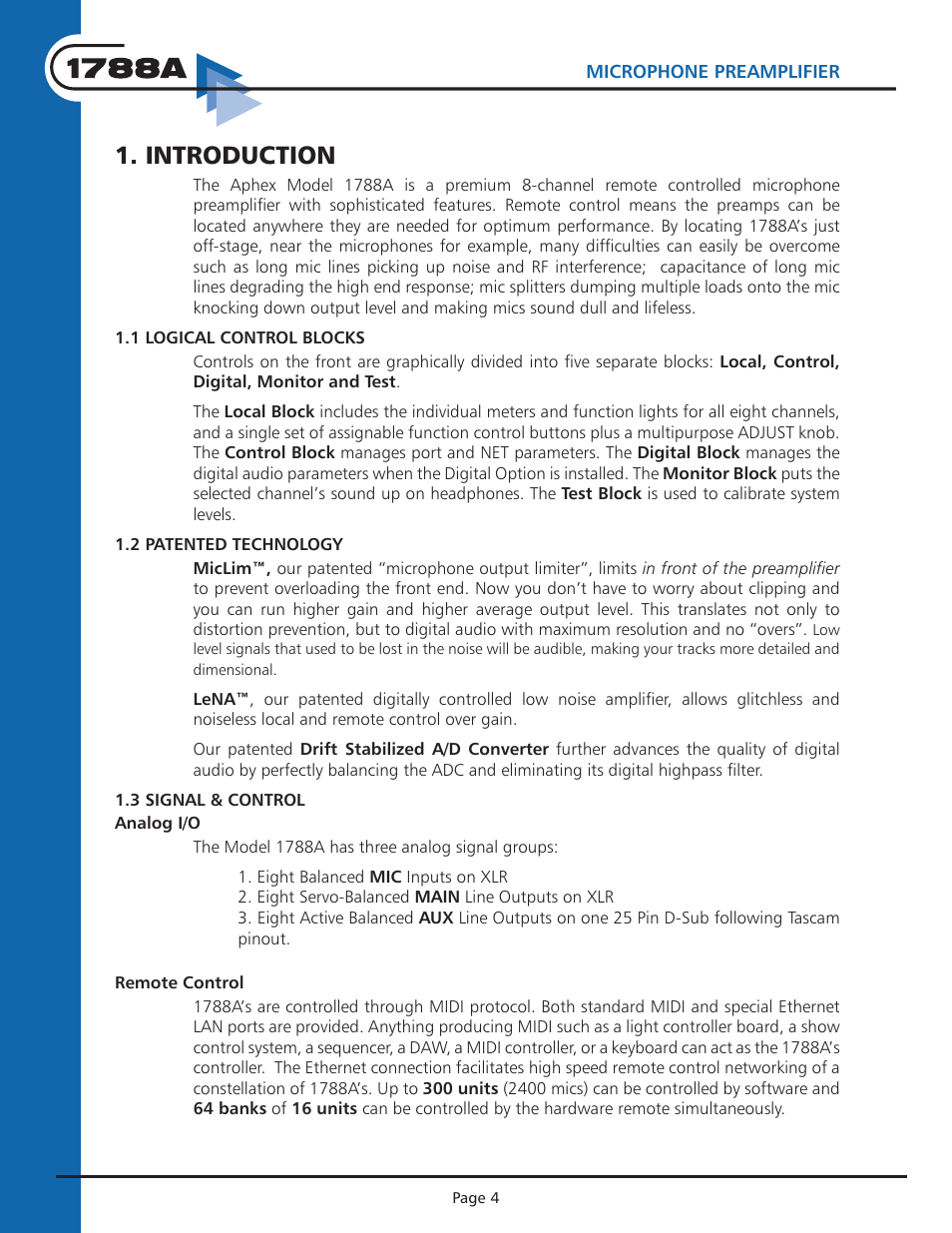 Instruction manual, Introduction | Aphex 1788A Premium Eight Chan Mic Pre User Manual | Page 4 / 50