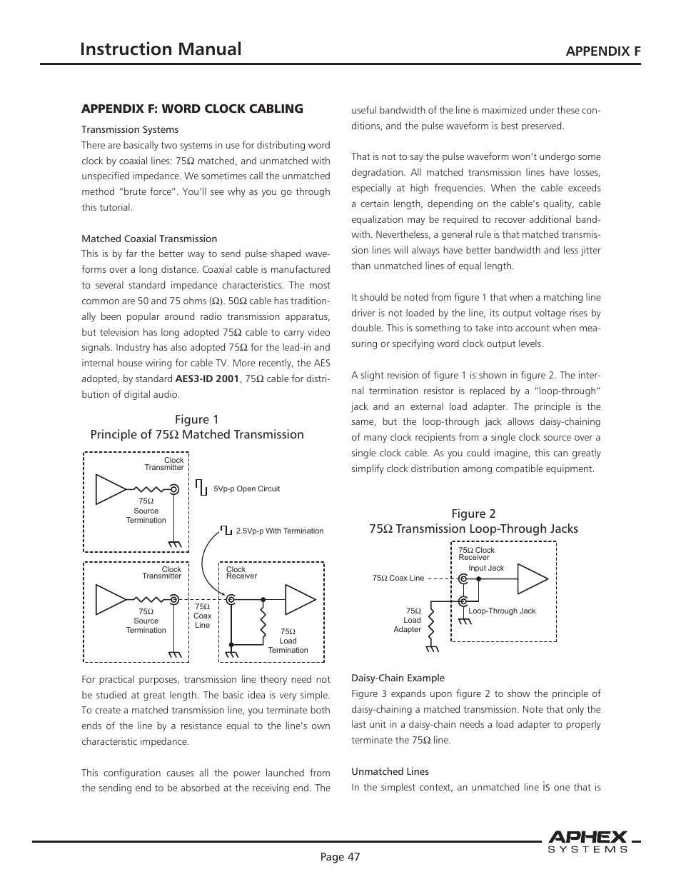 Instruction manual, Microphone preamplifier, Appendix f | Appendix f: word clock cabling, Figure 1 principle of 75 ω matched transmission, Figure 2 75 ω transmission loop-through jacks | Aphex 1788A Premium Eight Chan Mic Pre User Manual | Page 47 / 50