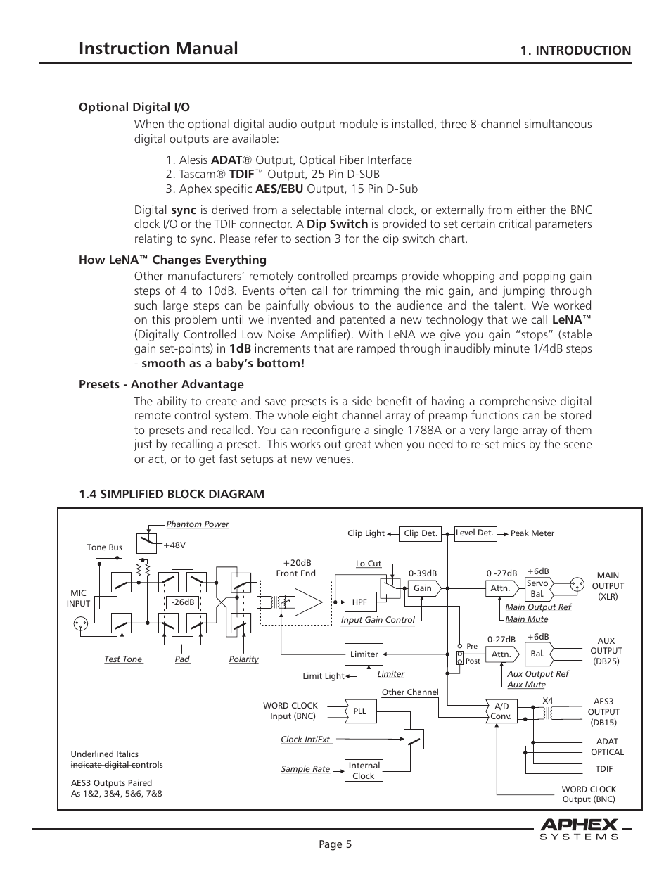 Instruction manual, Microphone preamplifier, Introduction | 4 simplified block diagram | Aphex 1788A Premium Eight Chan Mic Pre User Manual | Page 5 / 50