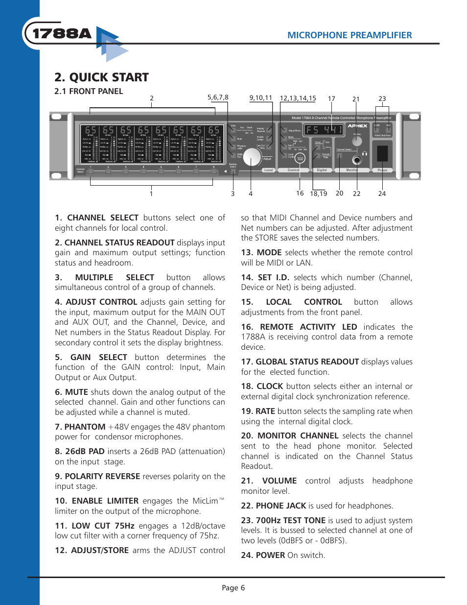 Instruction manual, Quick start | Aphex 1788A Premium Eight Chan Mic Pre User Manual | Page 6 / 50