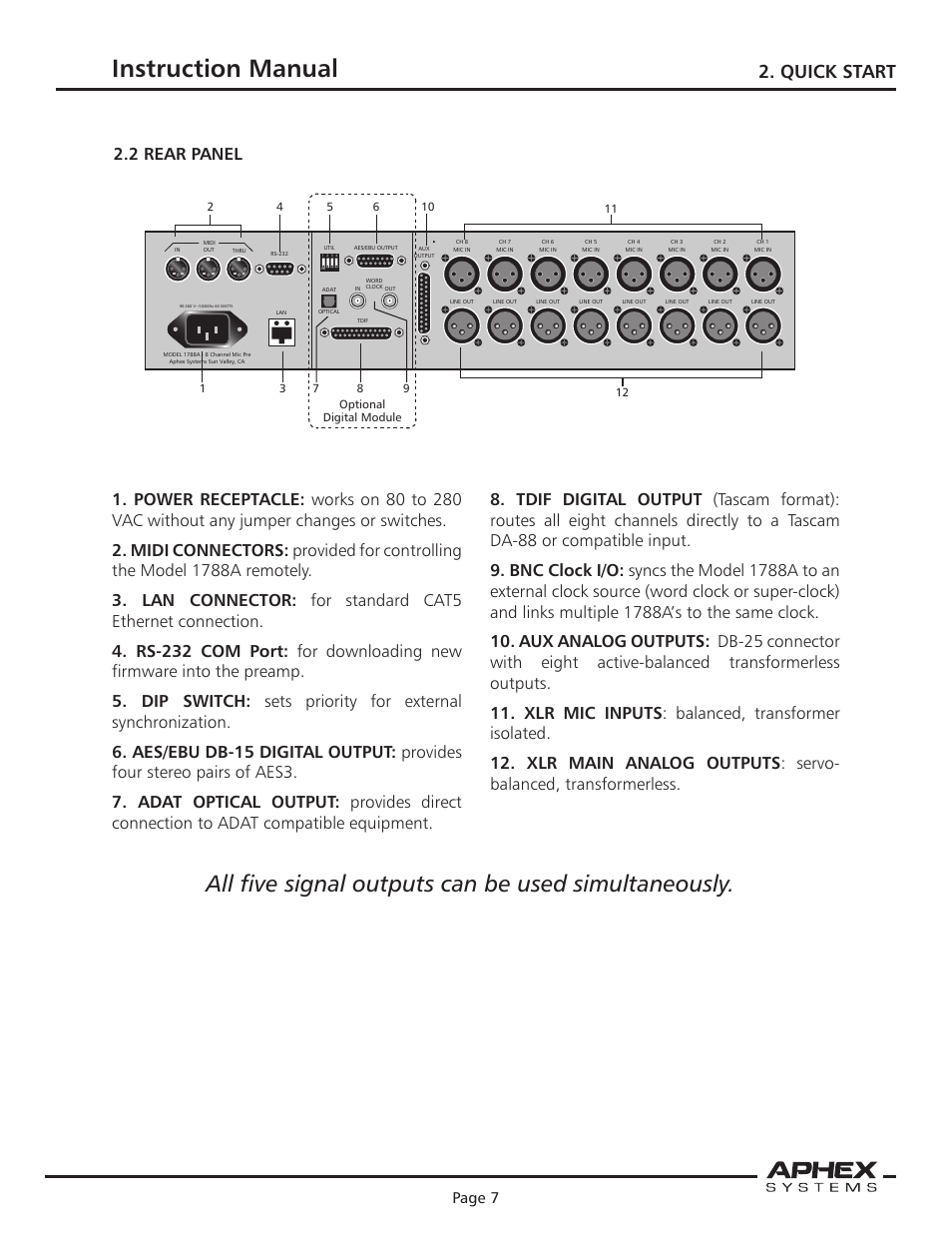 Instruction manual, All five signal outputs can be used simultaneously, Microphone preamplifier | Quick start, 2 rear panel, Page 6, Page 7 | Aphex 1788A Premium Eight Chan Mic Pre User Manual | Page 7 / 50