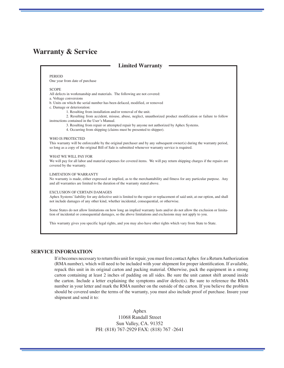 Warranty & service, Limited warranty, Service information | Aphex 5200 RC Interface User Manual | Page 12 / 12