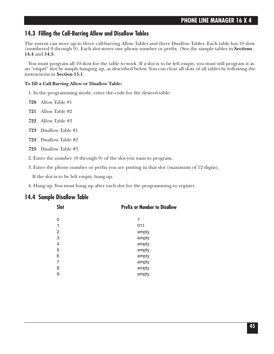 Phone line manager 16 x 4, 4 sample disallow table | Black Box FX160A User Manual | Page 44 / 65