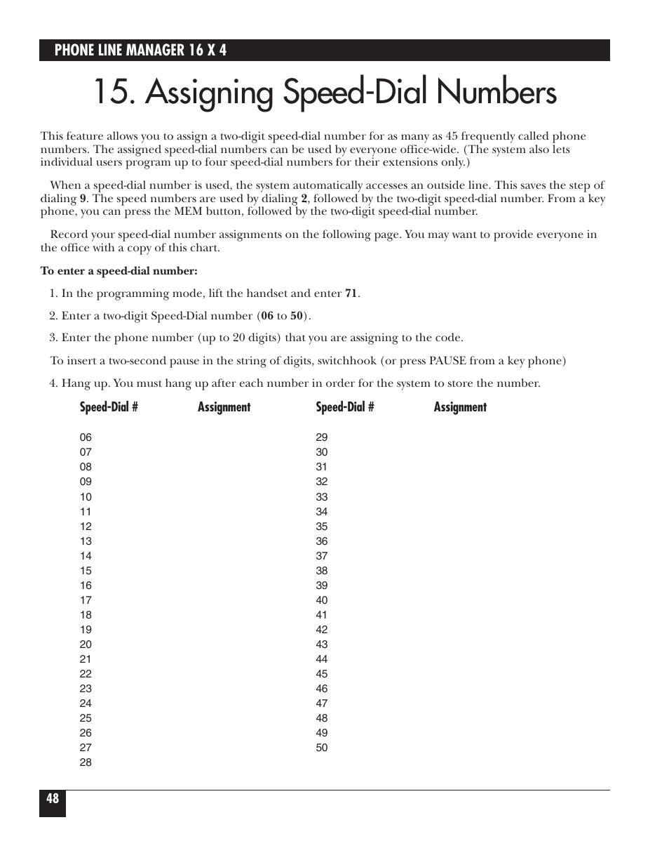 Assigning speed-dial numbers, Phone line manager 16 x 4 | Black Box FX160A User Manual | Page 47 / 65