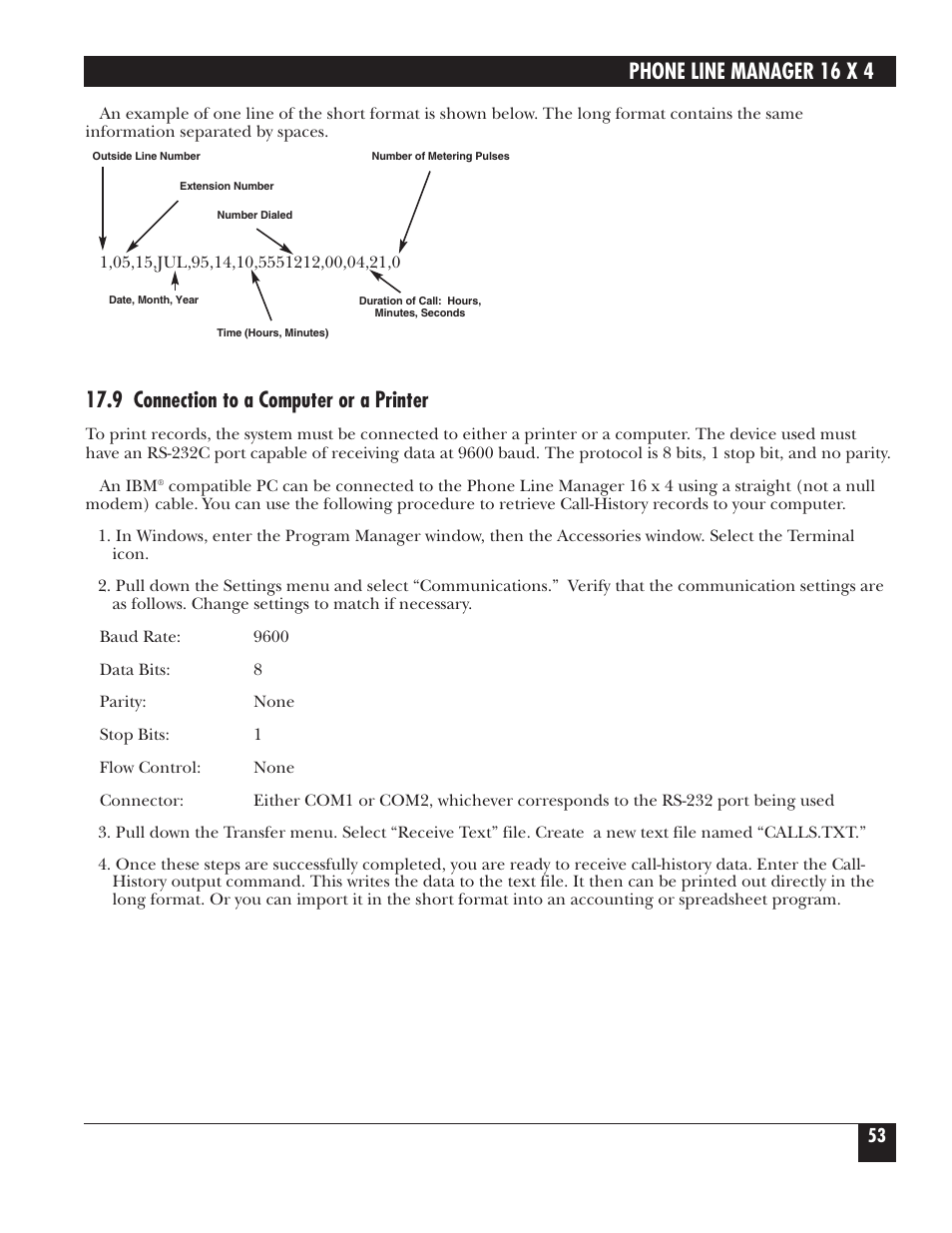 9 connection to a computer or a printer, Phone line manager 16 x 4 | Black Box FX160A User Manual | Page 52 / 65