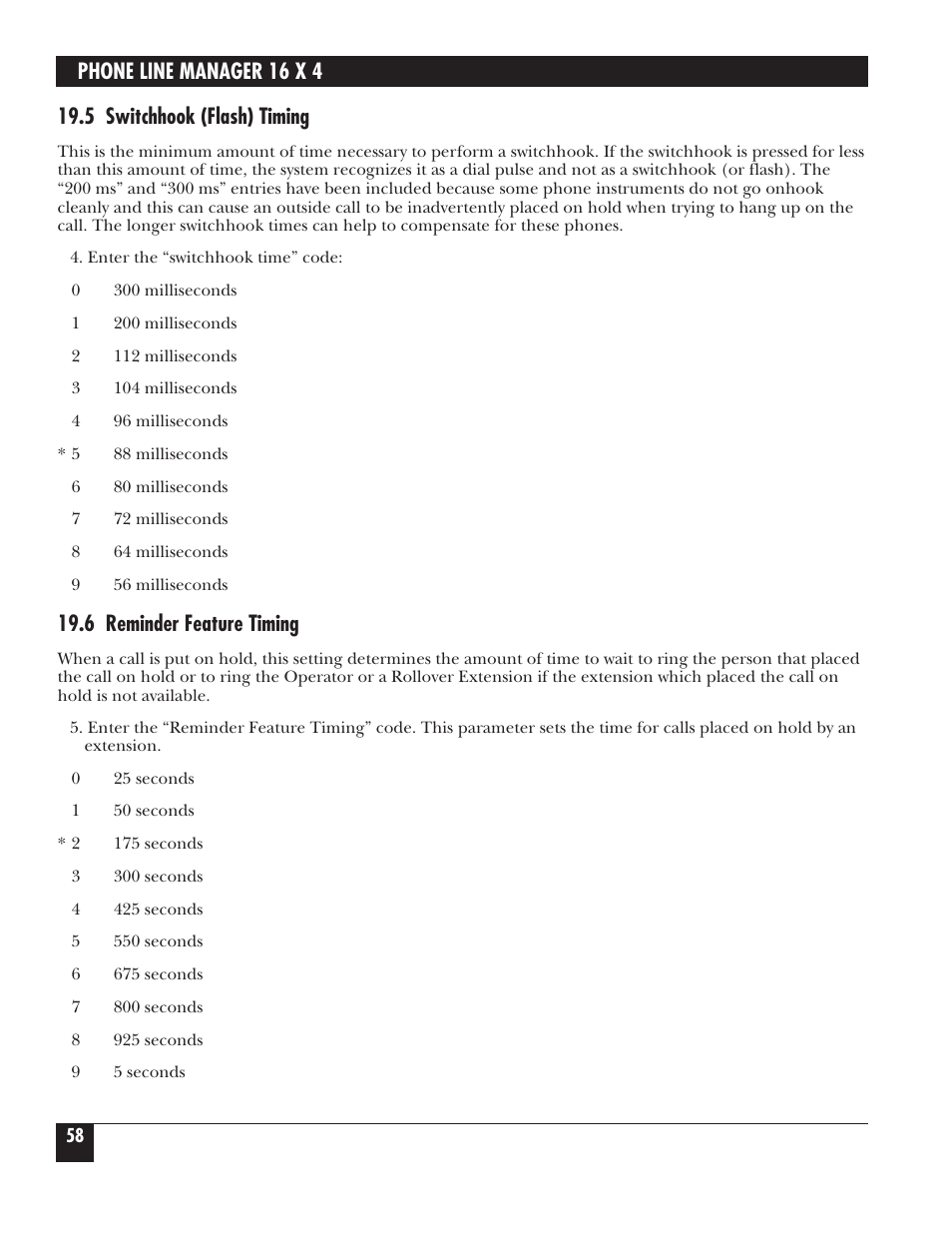Phone line manager 16 x 4, 5 switchhook (flash) timing, 6 reminder feature timing | Black Box FX160A User Manual | Page 57 / 65