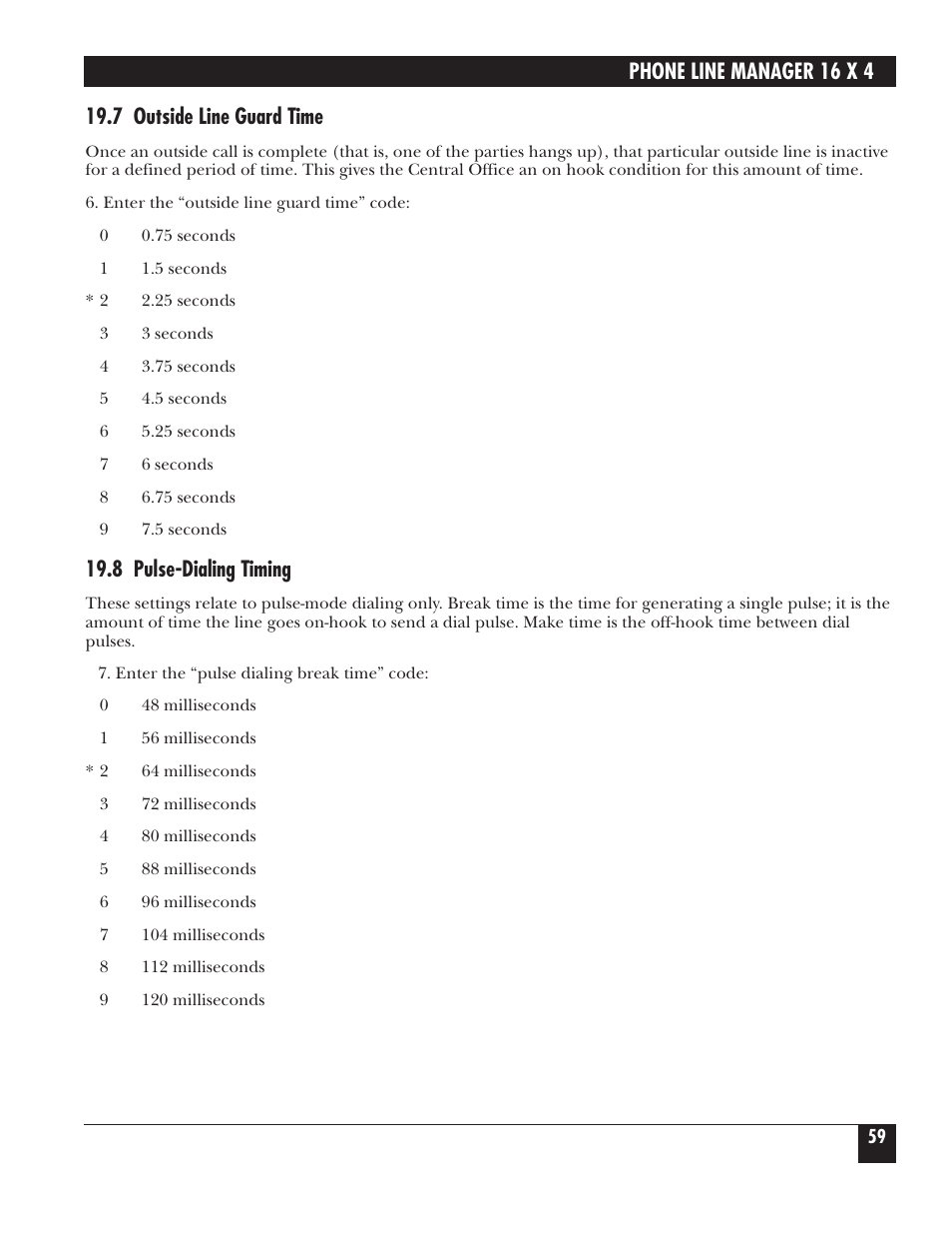 Phone line manager 16 x 4, 7 outside line guard time, 8 pulse-dialing timing | Black Box FX160A User Manual | Page 58 / 65