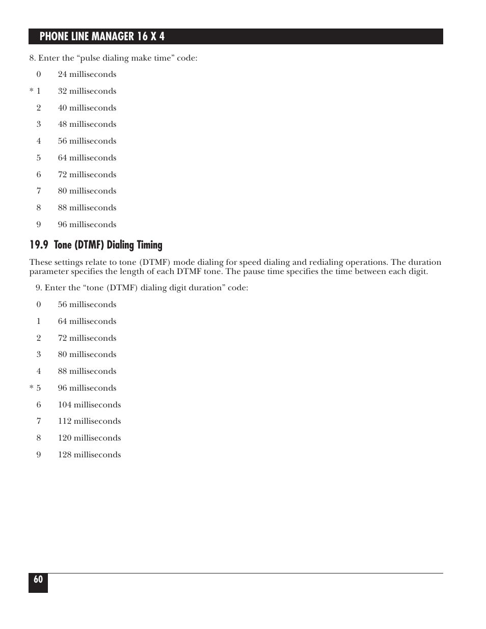 Phone line manager 16 x 4, 9 tone (dtmf) dialing timing | Black Box FX160A User Manual | Page 59 / 65