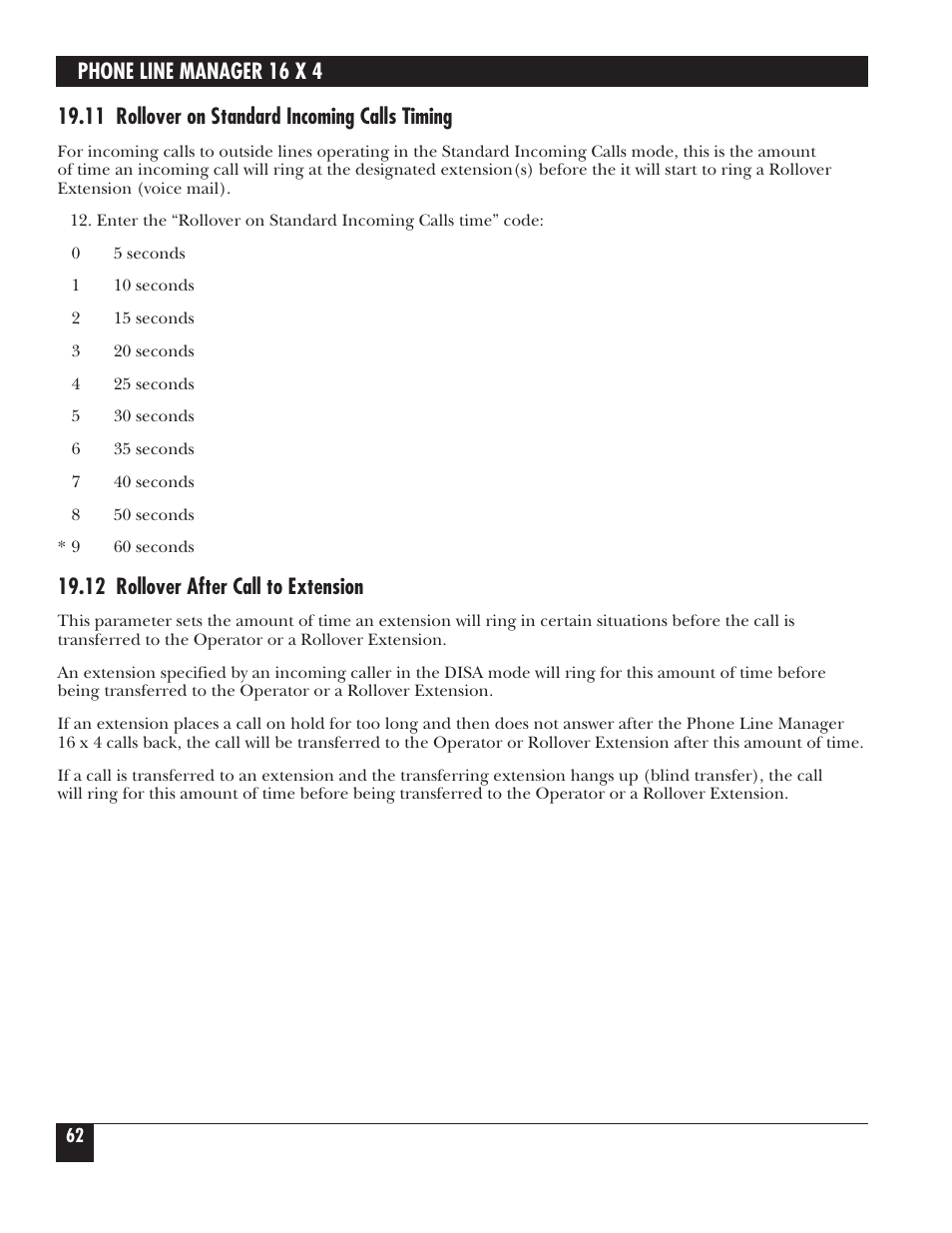 Phone line manager 16 x 4, 11 rollover on standard incoming calls timing, 12 rollover after call to extension | Black Box FX160A User Manual | Page 61 / 65