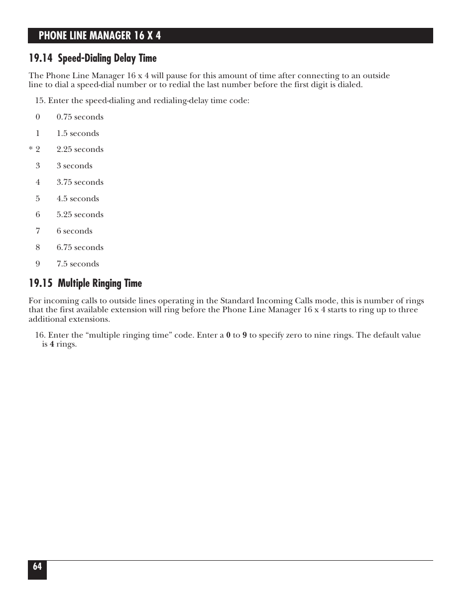 Phone line manager 16 x 4, 14 speed-dialing delay time, 15 multiple ringing time | Black Box FX160A User Manual | Page 63 / 65