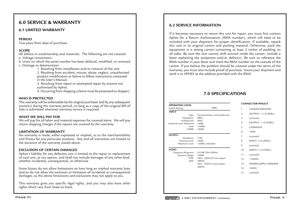 0 service & warranty, 0 specifications | Aphex Project 500 User Manual | Page 6 / 7
