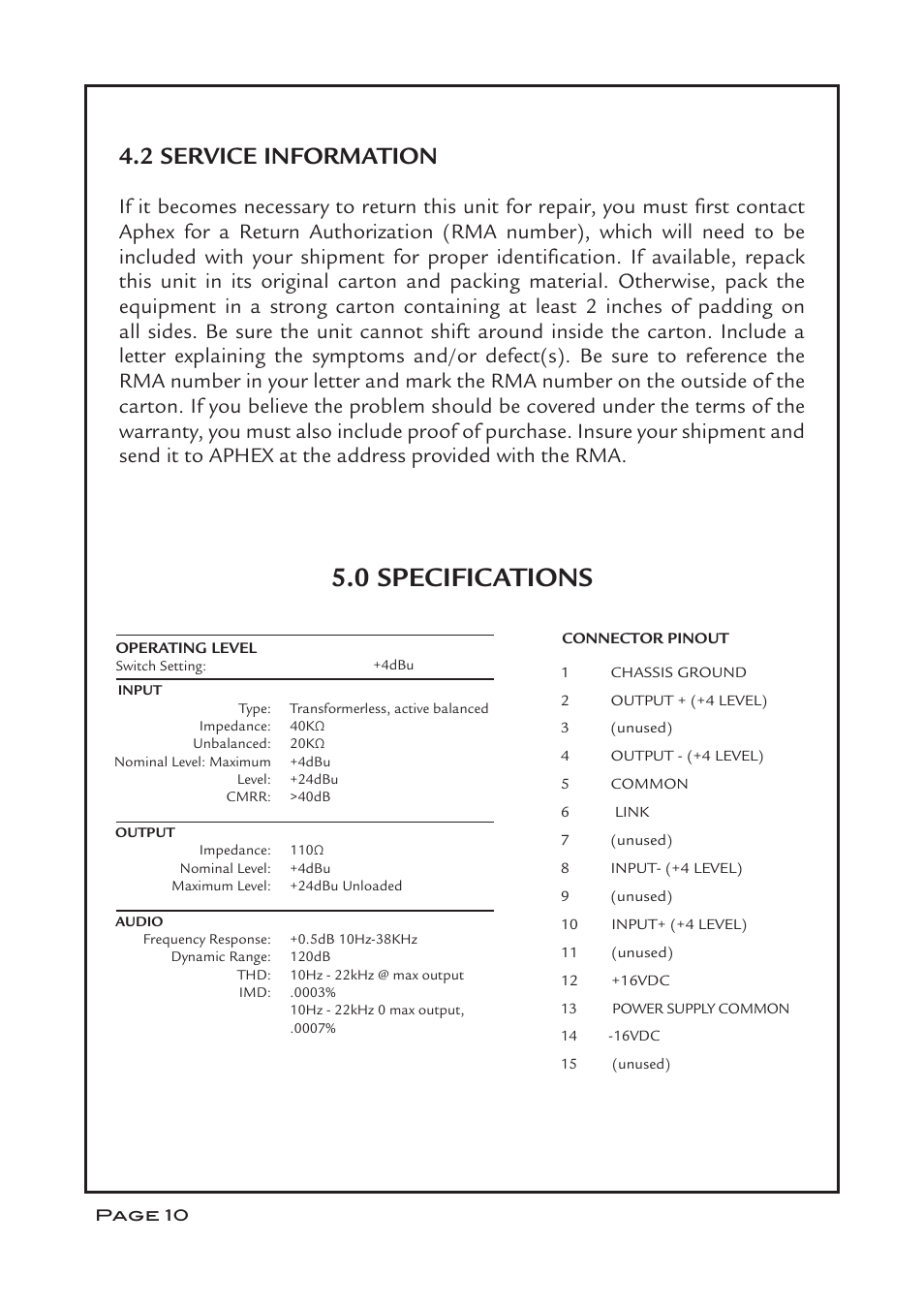 0 specifications, 2 service information | Aphex CX 500 User Manual | Page 10 / 12