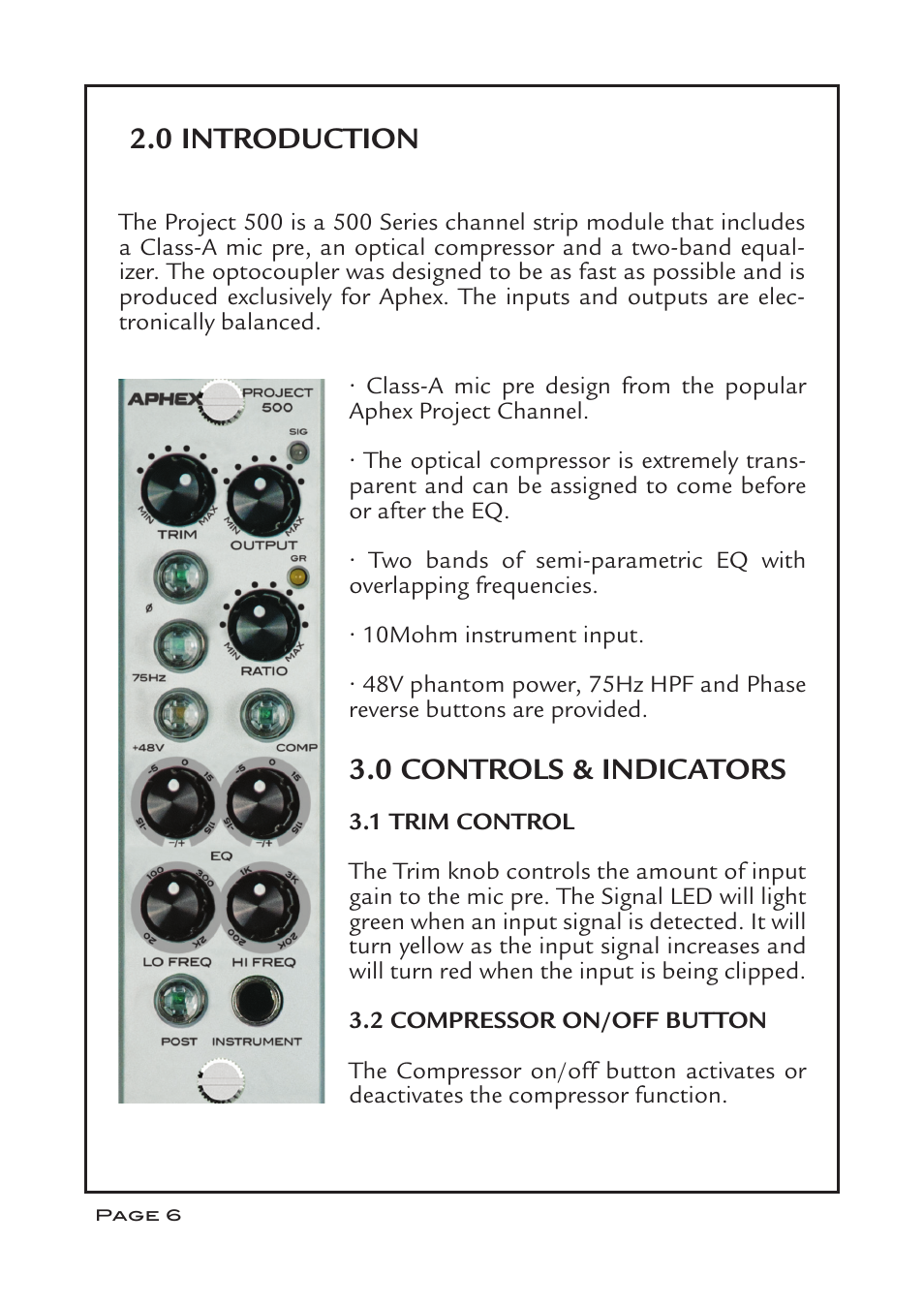 0 introduction, 0 controls & indicators | Aphex CX 500 User Manual | Page 6 / 12