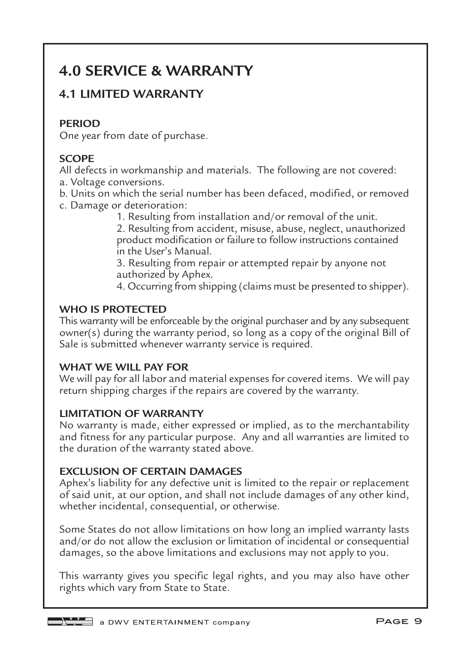 0 service & warranty | Aphex CX 500 User Manual | Page 9 / 12