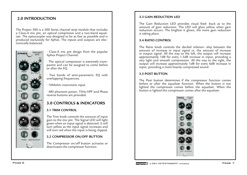 0 introduction, 0 controls & indicators | Aphex CX 500 User Manual | Page 4 / 7