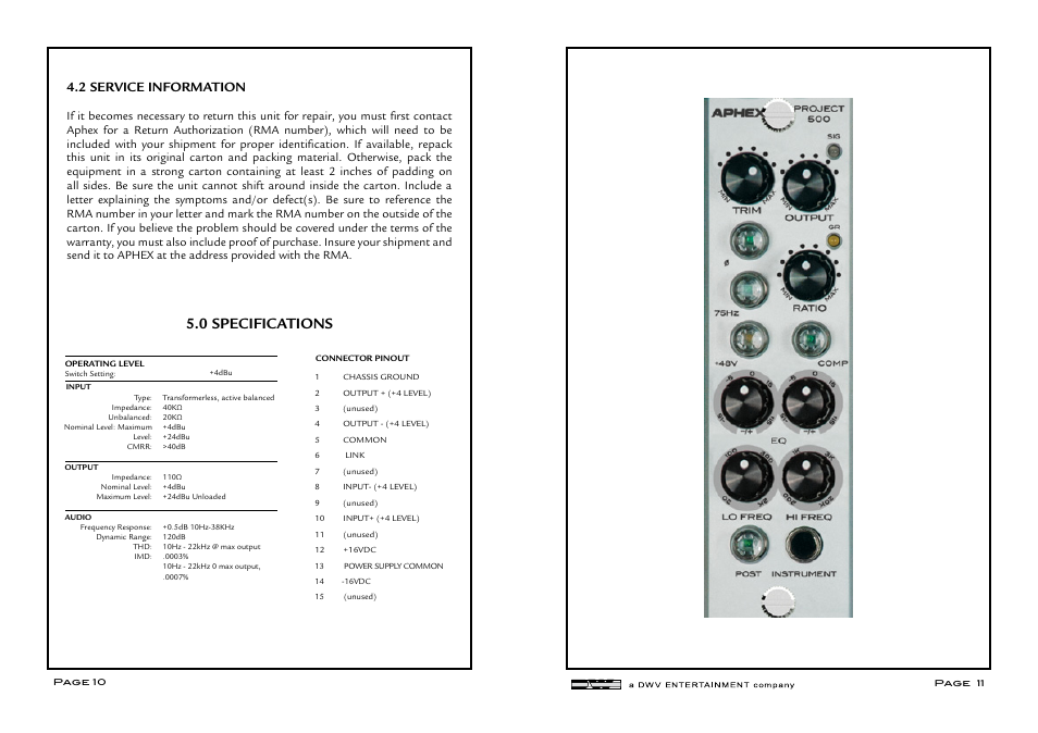 0 specifications, 2 service information | Aphex CX 500 User Manual | Page 6 / 7