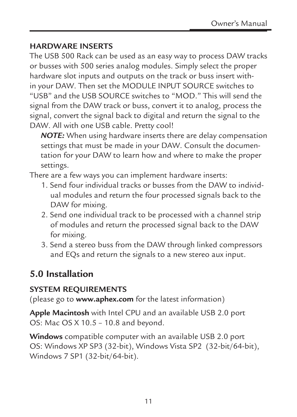 0 installation | Aphex USB 500 Rack User Manual | Page 11 / 20