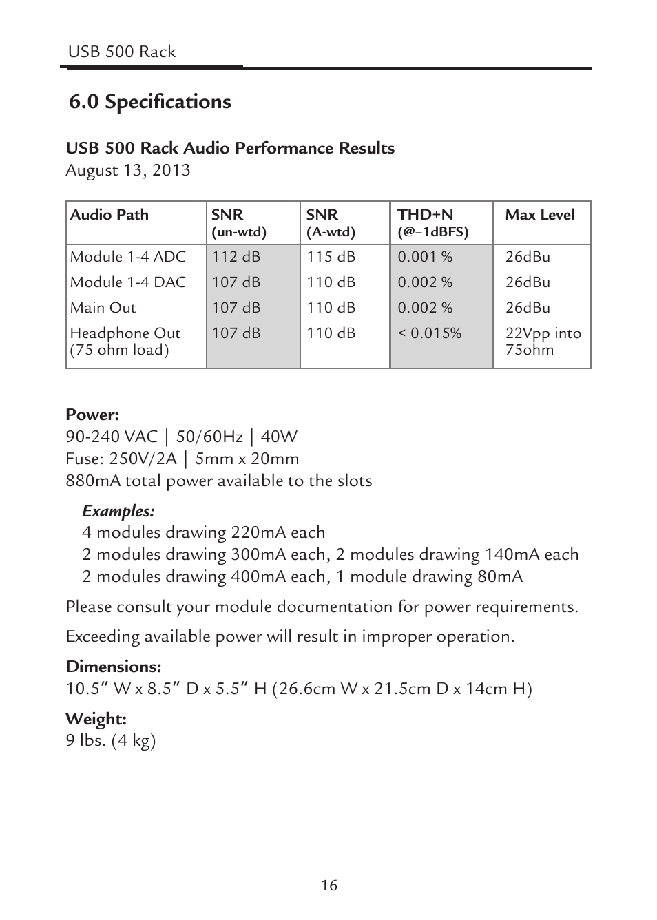 0 specifications | Aphex USB 500 Rack User Manual | Page 16 / 20