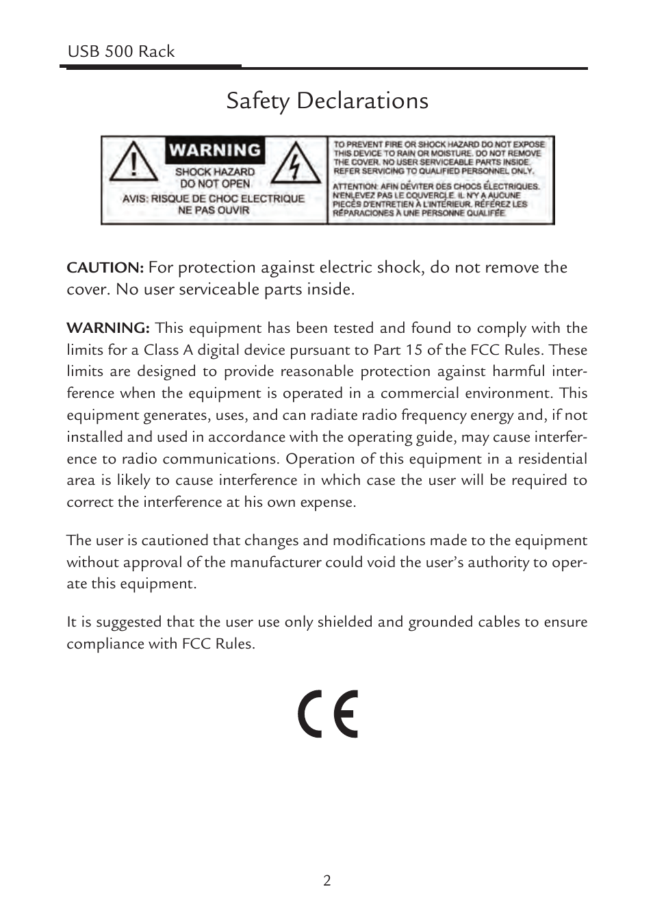 Safety declarations | Aphex USB 500 Rack User Manual | Page 2 / 20