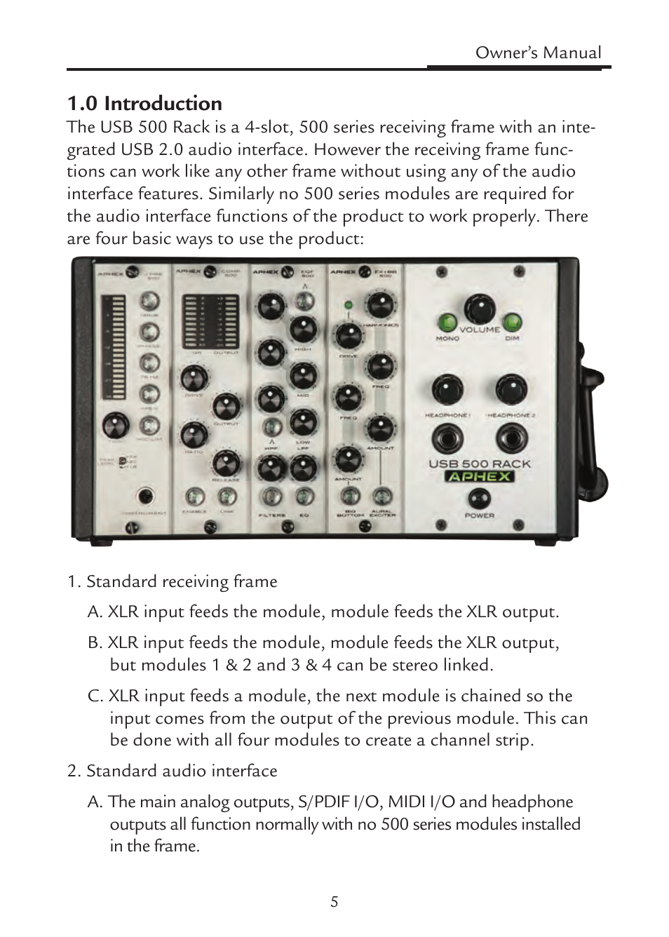 0 introduction | Aphex USB 500 Rack User Manual | Page 5 / 20