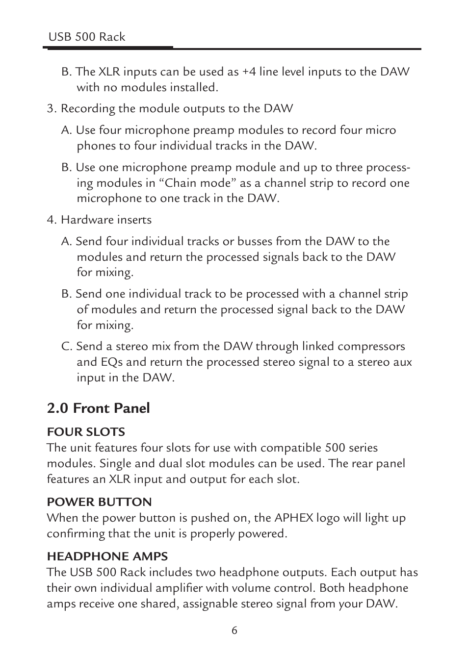 0 front panel | Aphex USB 500 Rack User Manual | Page 6 / 20
